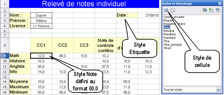 Les styles d'une cellule