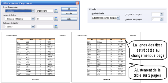 Paramétrage d'impression d'une feuille de calcul