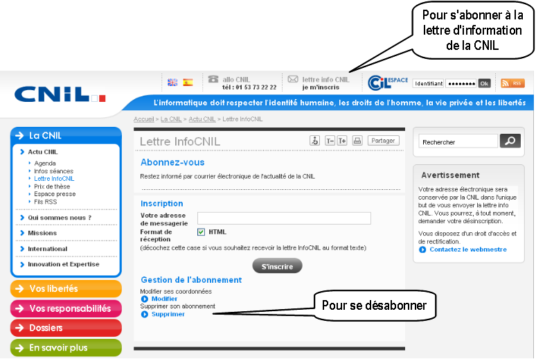 S'abonner à la liste d'information de la CNIL