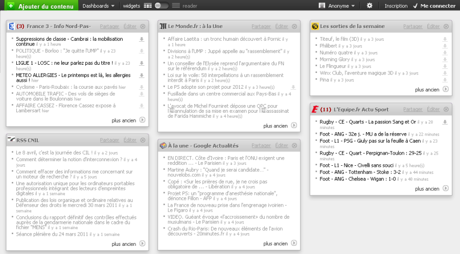 Tableau de bord "Netvibes" regroupant plusieurs flux RSS