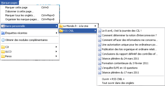 Exemple de flux RSS dans les marque-pages du navigateur